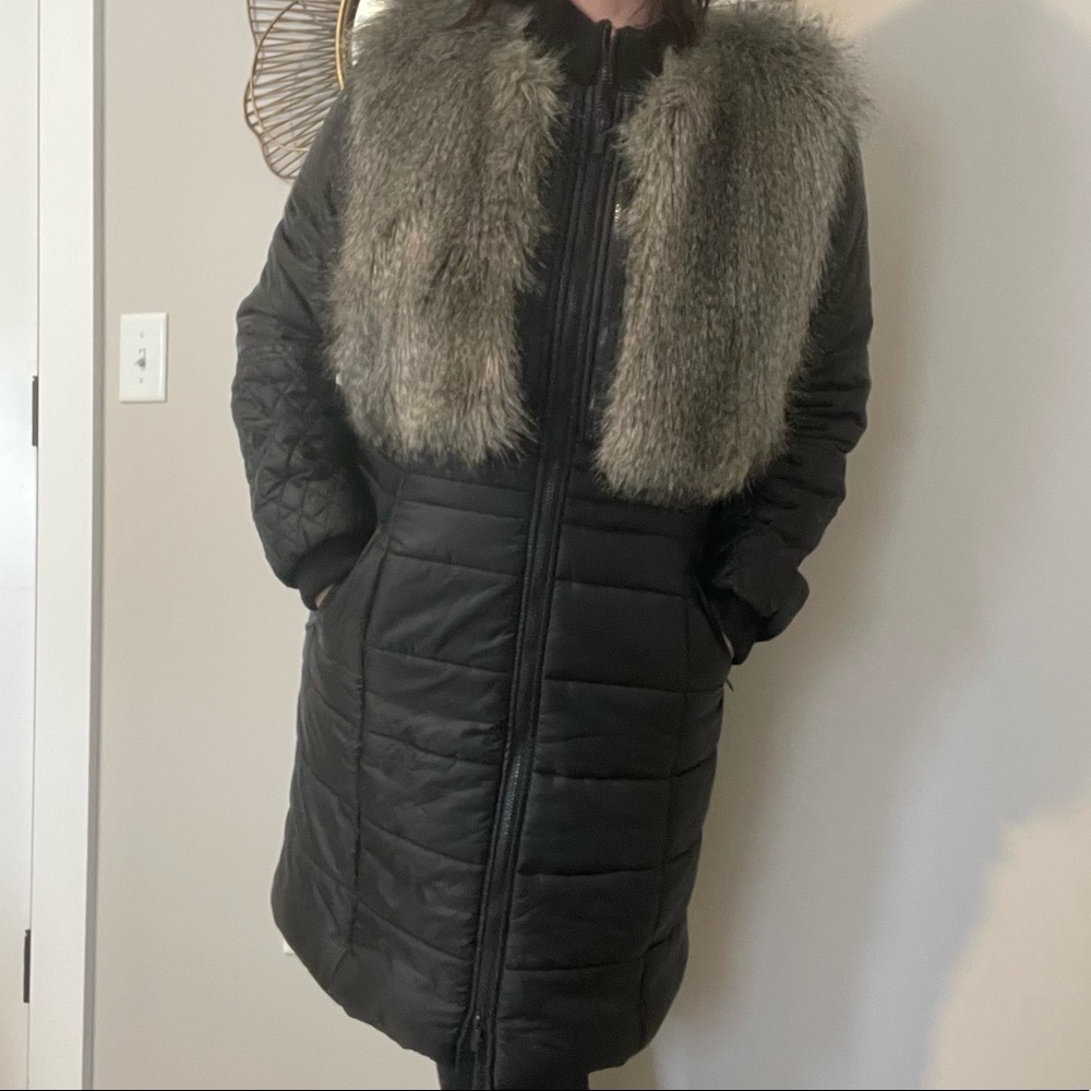BCBG Black winter quilted coat with removable faux fur vest